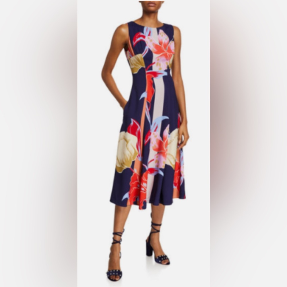 NWOT Authentic ETRO Navy Dress with Red and Yellow Floral Design